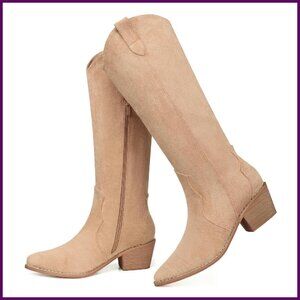 Suede Knee High Cowboy Boots Women Low Heel Zipper Wide Calf Western